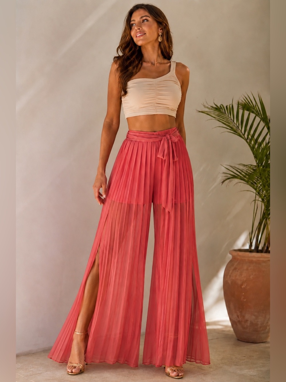 New York & Company Pleated Wide Leg Chiffon Pants Coral Pink Women Medium M